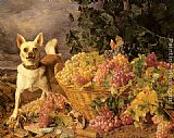 Pears, Grapes, a Greengage, Plums a Stoneware Flask And a Wicker Basket on a Wooden Ledge Paintings - A Dog By A Basket Of Grapes In A Landscape by Ferdinand Georg Waldmuller